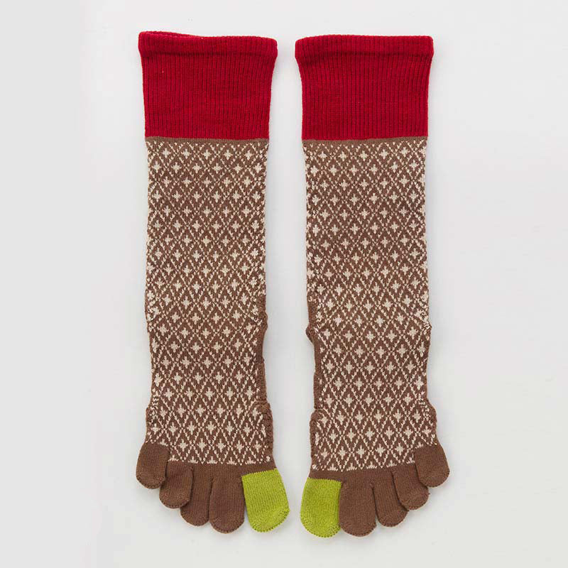Knitido plus brand Diamond Midcalf Grip Toe Socks With Power Pads in Brown (with yellow-green and red color inserts)