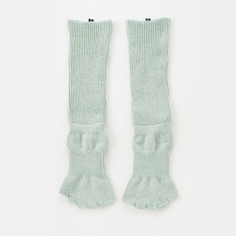 Frontal view of Knitido plus brand Botanical Dyed Organic Cotton Open Toe/Heel Yoga Socks in Aqua color