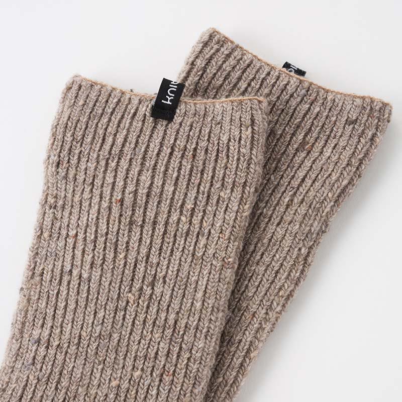 Close up of the BEIGE color of the Knitido plus brand Wool Blend Confetti Ribbed Open Toe/Heel Yoga Leg Warmers Socks