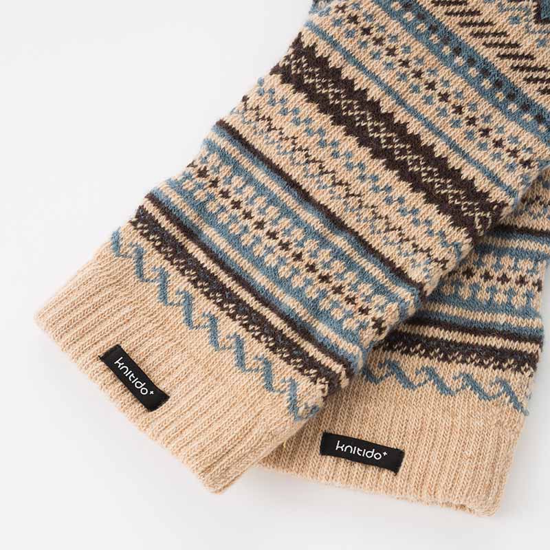 Knitido plus brand's Wool Blend Fair Isle Leg Warmer in TAN color, close-up photo of the cuff area