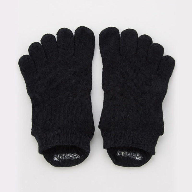 Knitido plus brand Basic Solid Colors Footie Grip Toe Socks With Power Pads in black, viewed from the front flat