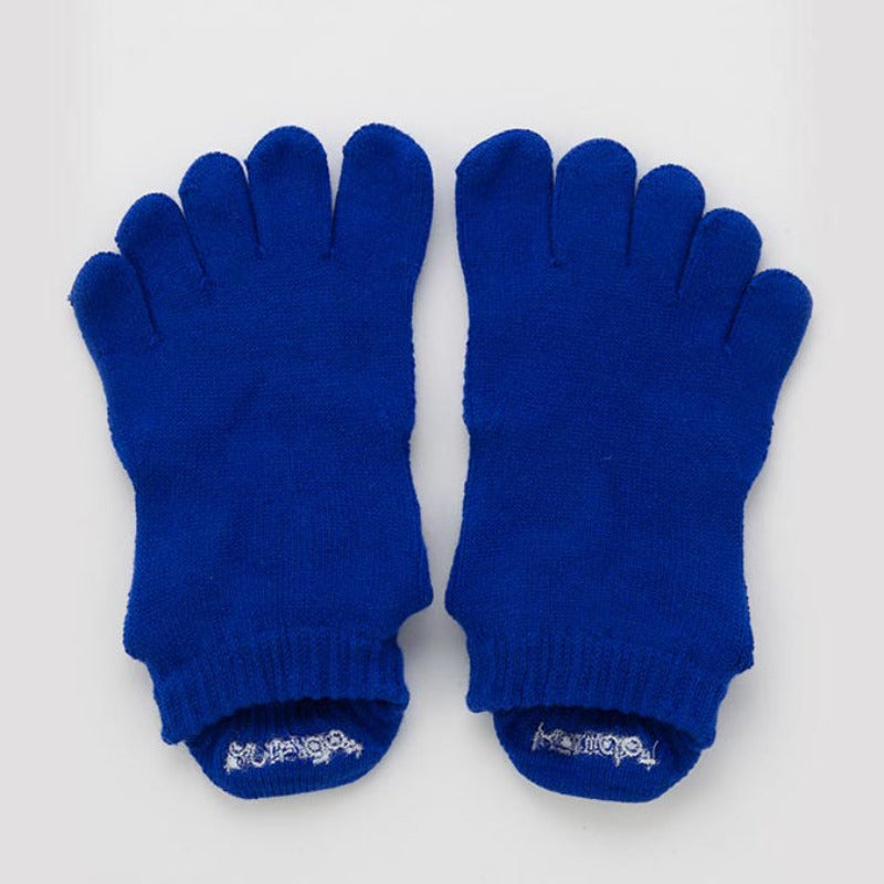 Knitido plus brand Basic Solid Colors Footie Grip Toe Socks With Power Pads in blue, viewed from the front flat