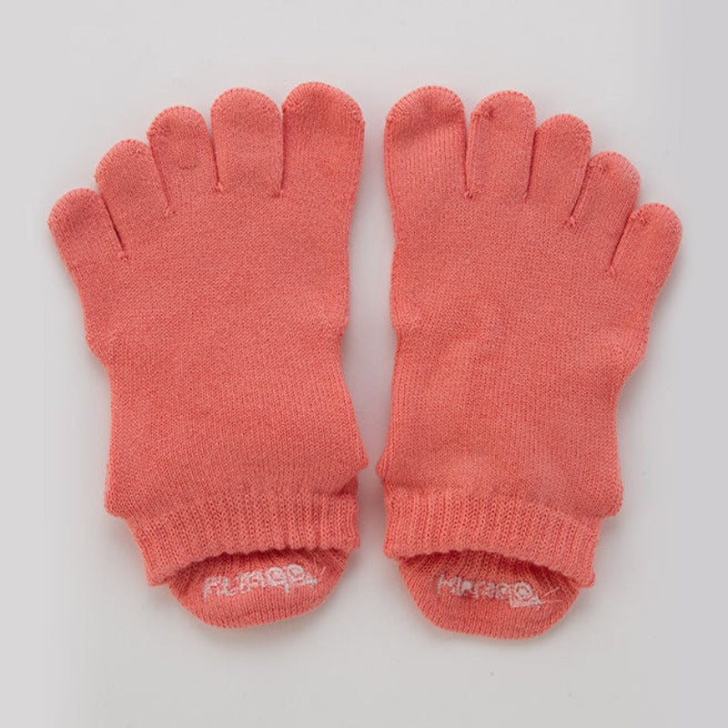Knitido plus brand Basic Solid Colors Footie Grip Toe Socks With Power Pads in coral, viewed from the front flat