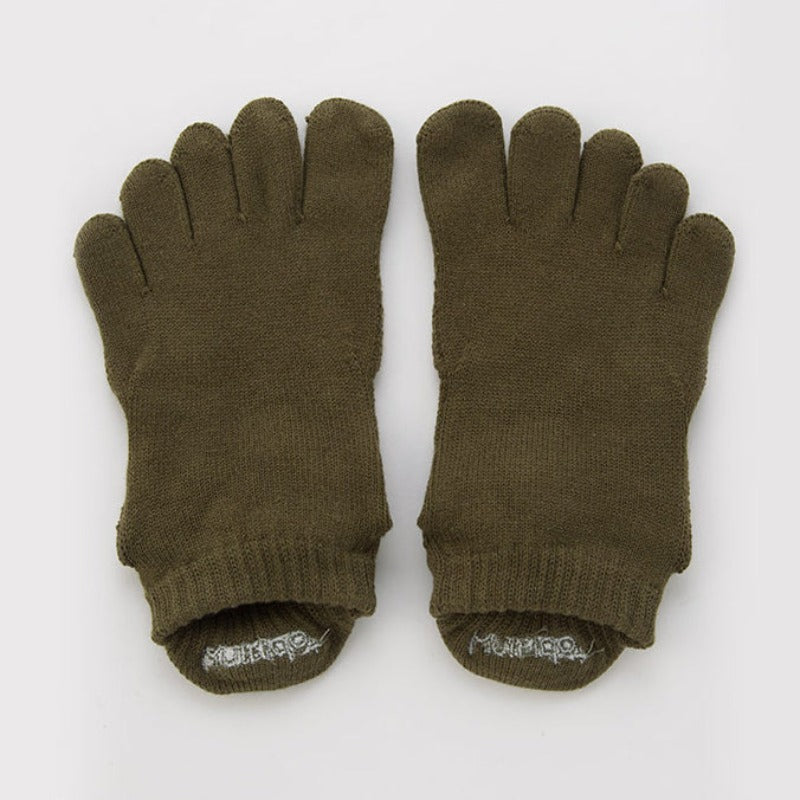 Knitido plus brand Basic Solid Colors Footie Grip Toe Socks With Power Pads in olive, viewed from the front flat