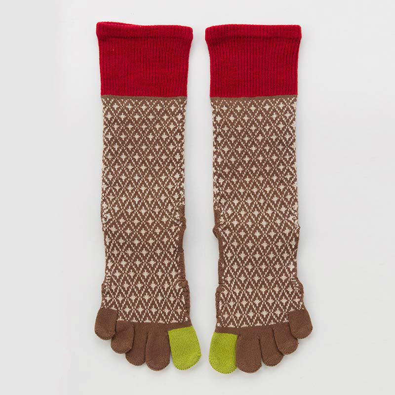 Knitido plus brand Diamond Midcalf Grip Toe Socks With Power Pads in Brown (with yellow-green and red color inserts)