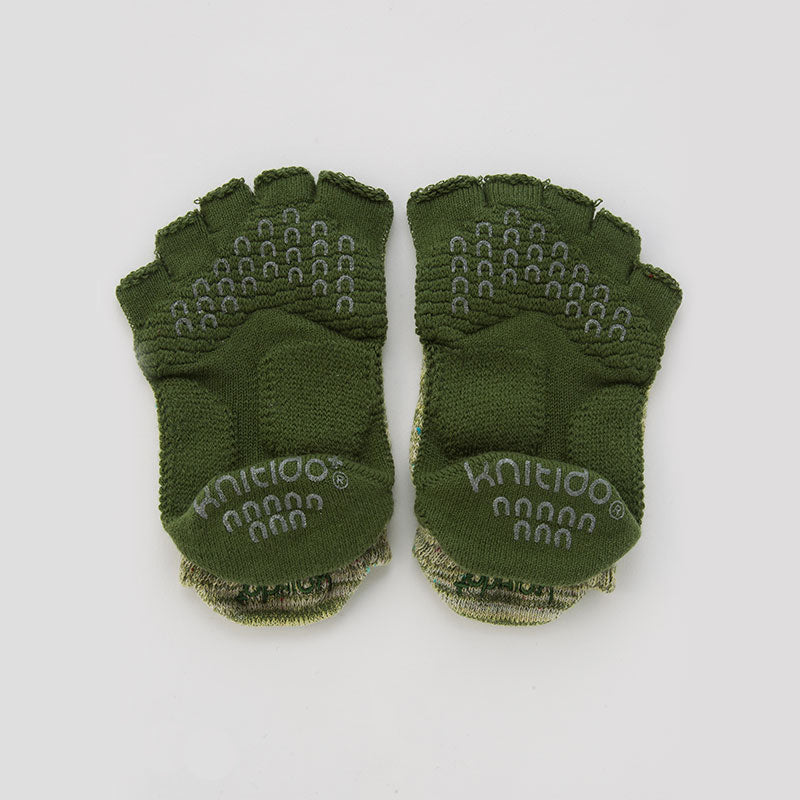 Knitido plus brand Heather Open Toe Grip Footie Socks With Power Pads in Olive color on the backside of the foot