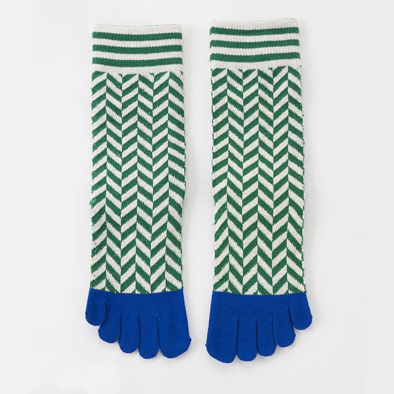 Knitido plus brand Organic Cotton Herringbone Midcalf Toe Socks in GREEN with blue toes