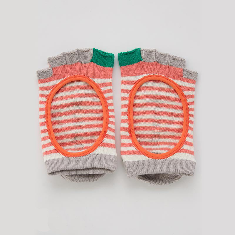 Knitido plus brand Organic Cotton Stripes Open Toe Liner Socks in coral with green and grey inserts