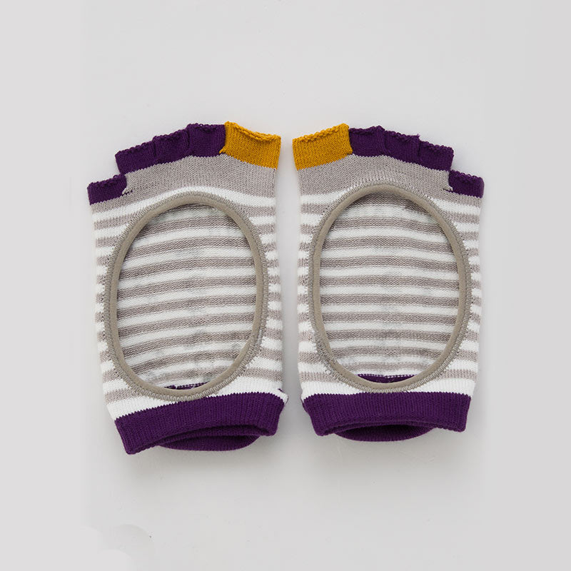 The front side of the Knitido plus brand's Organic Cotton Stripes Open Toe Liner Socks in Grey with purple and mustard color inserts