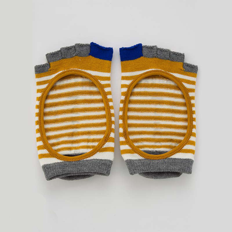Knitido plus brand Organic Cotton Stripes Open Toe Liner Socks in mustard with blue and grey inserts