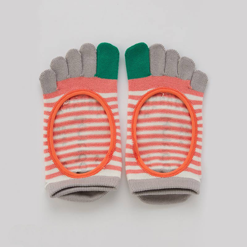 Knitido plus brand Organic Cotton Stripes Toe Liner Socks in coral with green and grey inserts