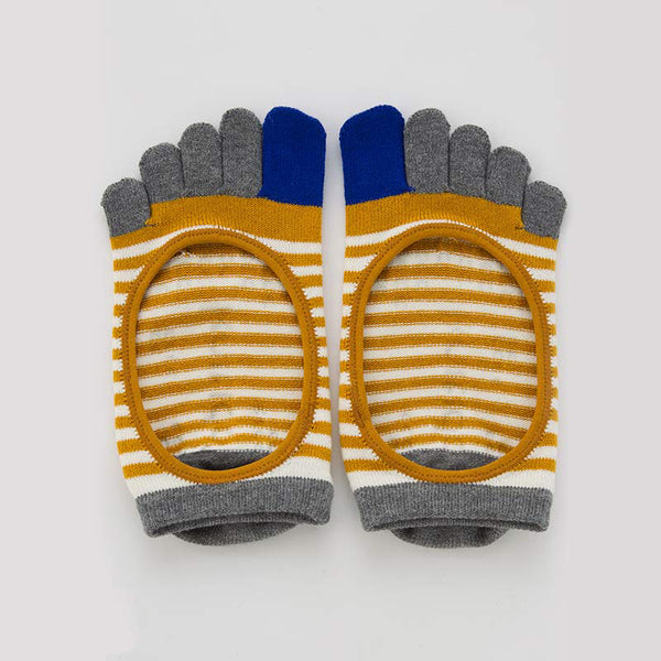 Knitido plus brand Organic Cotton Stripes Toe Liner Socks in mustard with blue and dark grey inserts