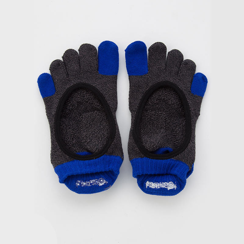 Knitido plus brand Two Colors Footie Grip Toe Socks With Power Pads in blue with black inserts at the thumb and little toe area and at the footwear opening