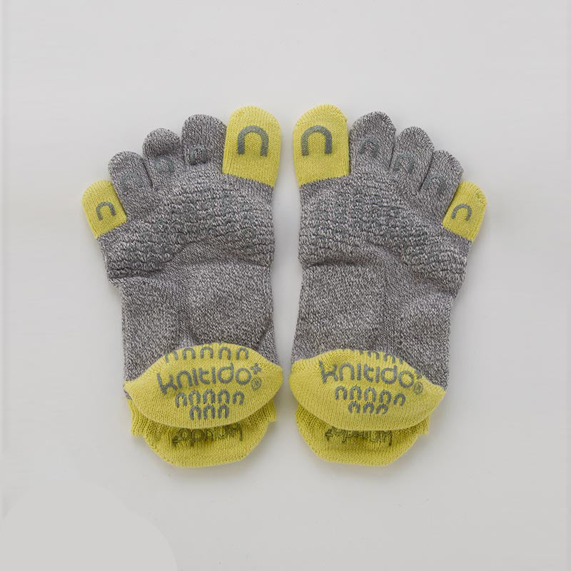 Knitido plus brand Two Colors Footie Grip Toe Socks With Power Pads in Grey and yellow socks, back flat