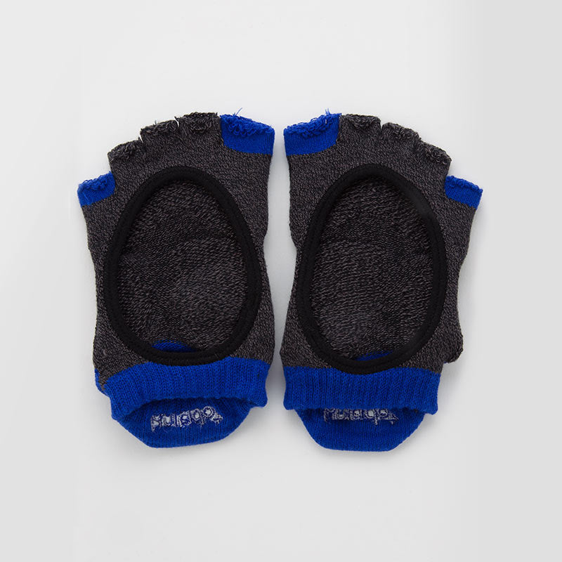 Knitido plus brand Two Colors Open Toe Footie Socks With Power Pads, black with blue in the thumb and pinky toe area and at the footwear opening