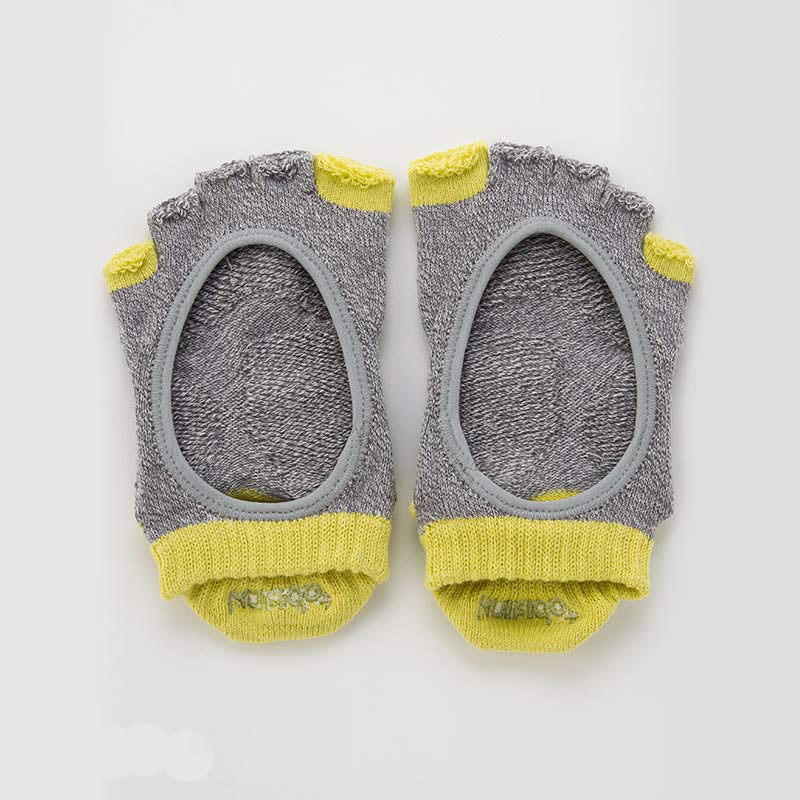 Knitido plus brand Two Colors Open Toe Footie Socks With Power Pads in Grey with yellow in the thumb and pinky toe area and at the footwear opening