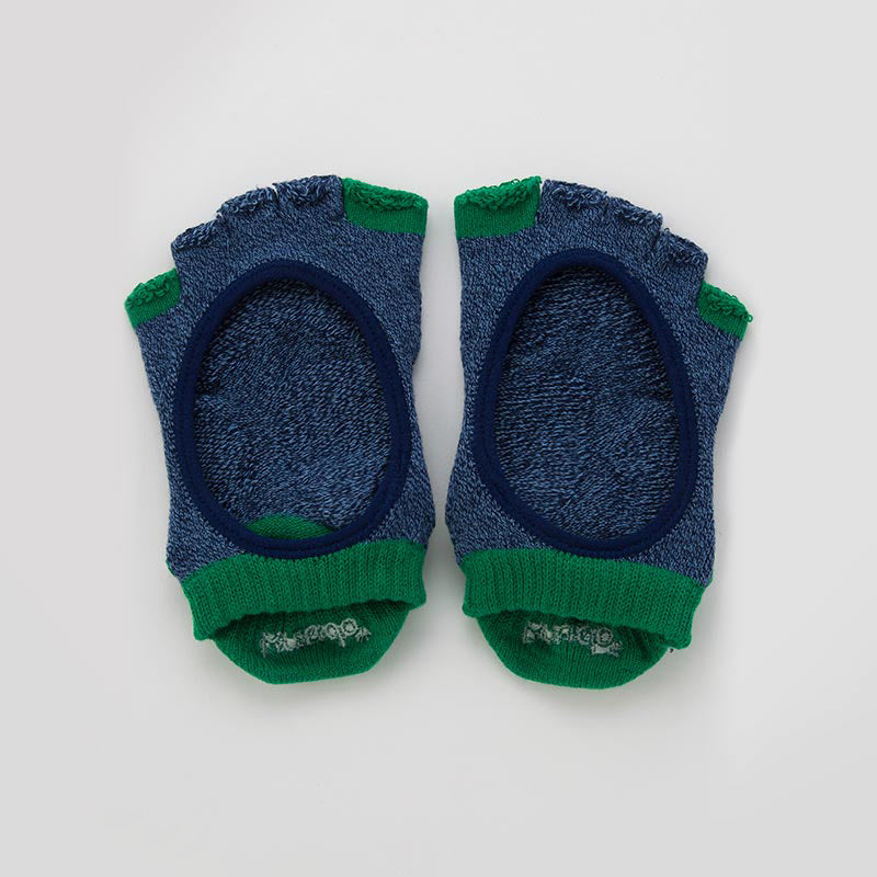 Knitido plus brand Two Colors Open Toe Footie Socks With Power Pads, navy color with green color in the thumb and pinky toe area and in the footwear opening