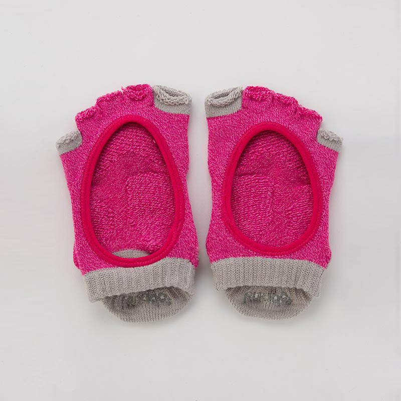 Front view of Knitido plus brand Two Colors Open Toe Footie Socks With Power Pads in Grey with Pink color on the thumb and pinky toe area and on the footwear opening