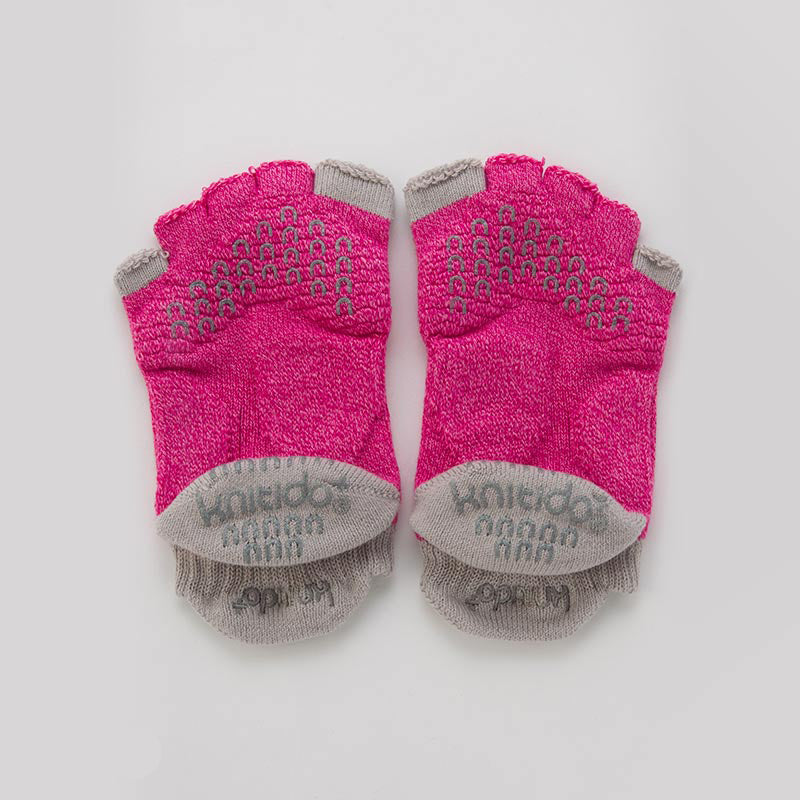 Backside photo of Two Colors Open Toe Footie Socks With Power Pads by Knitido plus brand, Grey color with Pink color in the thumb and pinky toe area and in the footwear opening