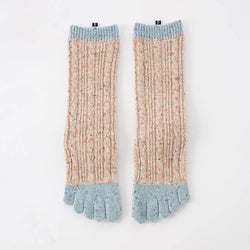 Knitido plus brand Wool Blend Cable Confetti Midcalf Toe Socks, 3/4 length, beige with bluish-grey color on the toes and cuffs