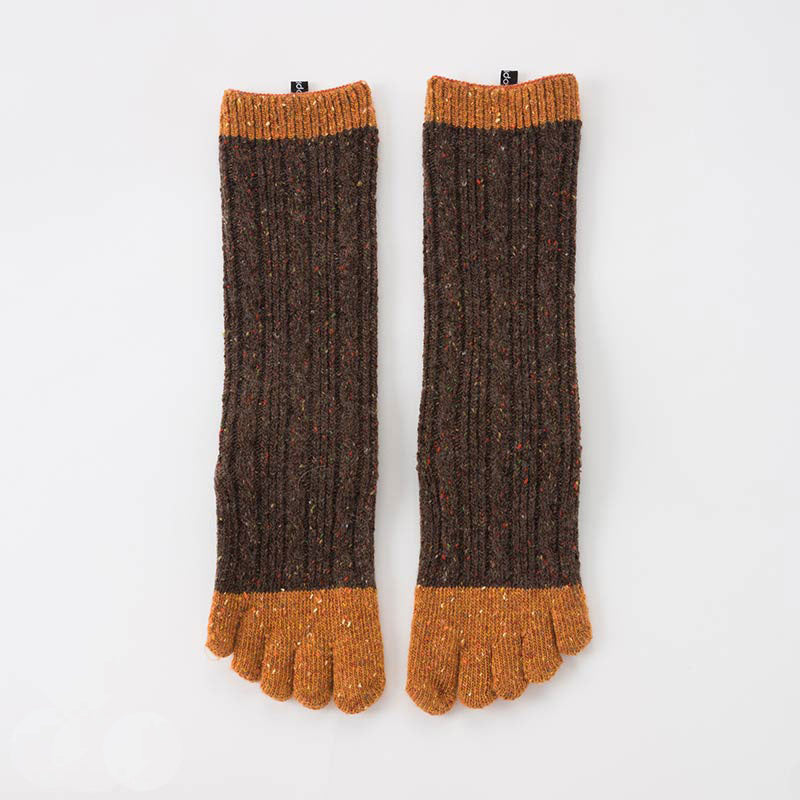 Knitido plus brand Wool Blend Cable Confetti Midcalf Toe Socks, 3/4 length, brown with mustard color on toes and cuffs