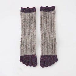 Knitido plus brand Wool Blend Cable Confetti Midcalf Toe Socks, 3/4 length, grey color with purple color on toes and cuffs