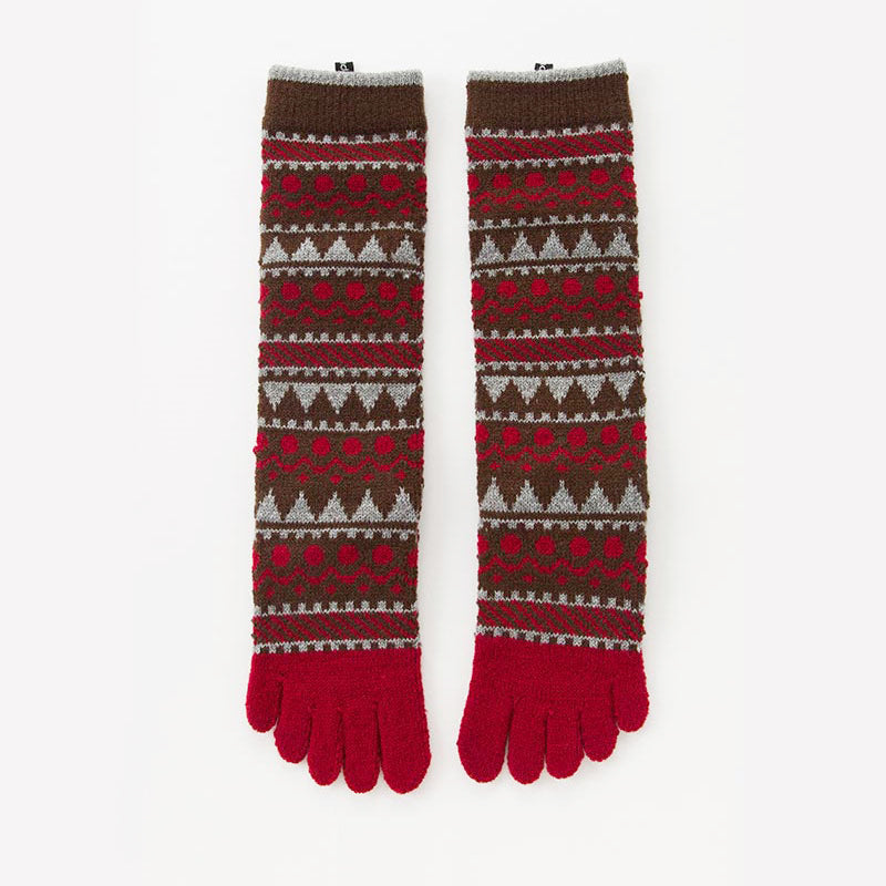 Knitido plus brand Wool Blend Forest Textile Midcalf Toe Socks in BROWN with gray and red point colors