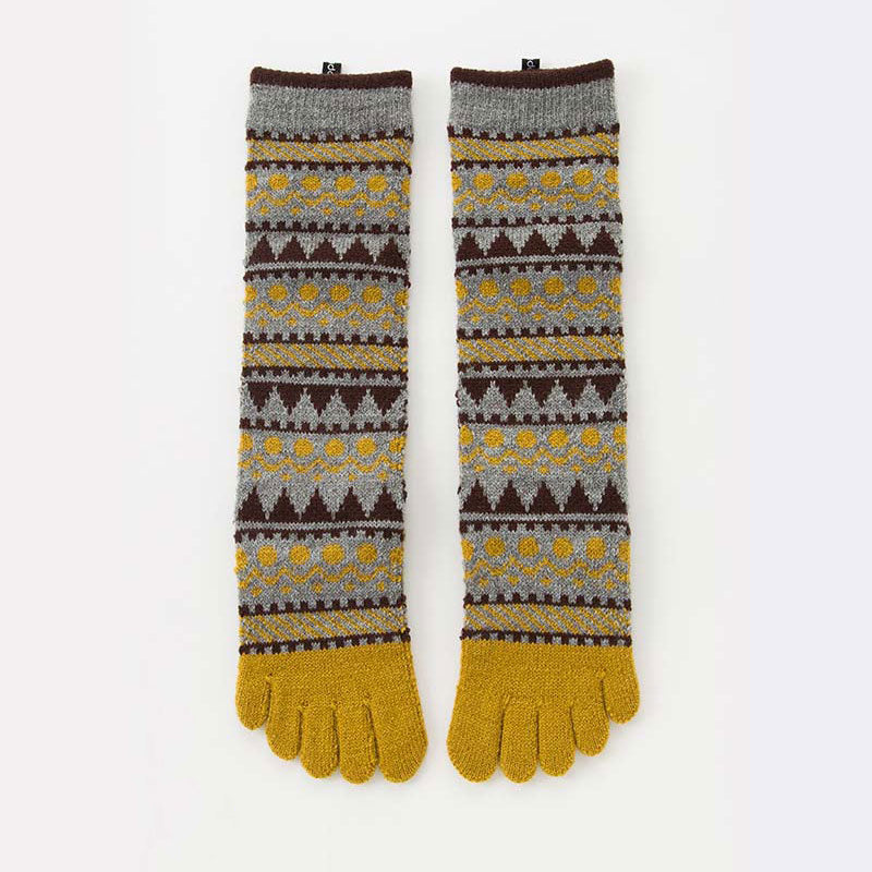 Knitido plus brand Wool Blend Forest Textile Midcalf Toe Socks in Grey with brown and yellow point colors