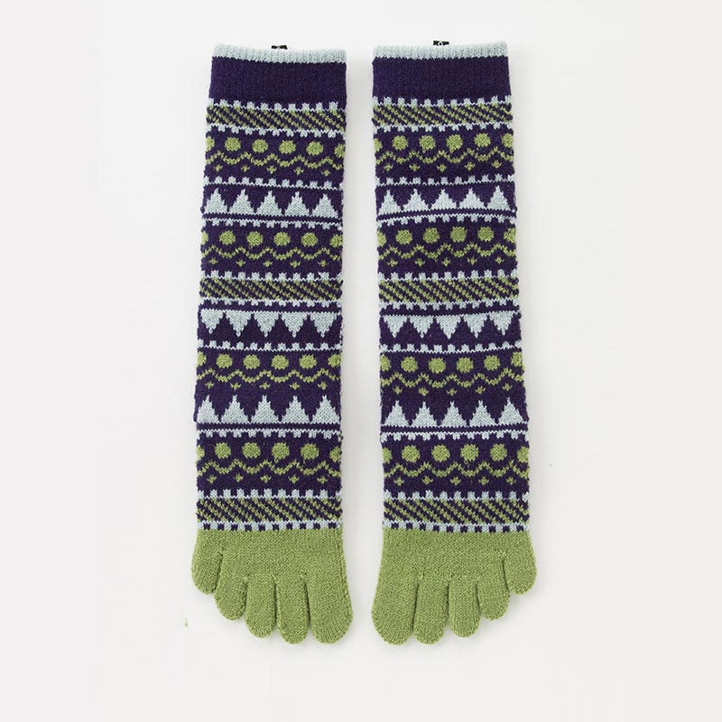 Knitido plus brand Wool Blend Forest Textile Midcalf Toe Socks in purple with gray and yellow-green point colors, laying flat and viewed from the front