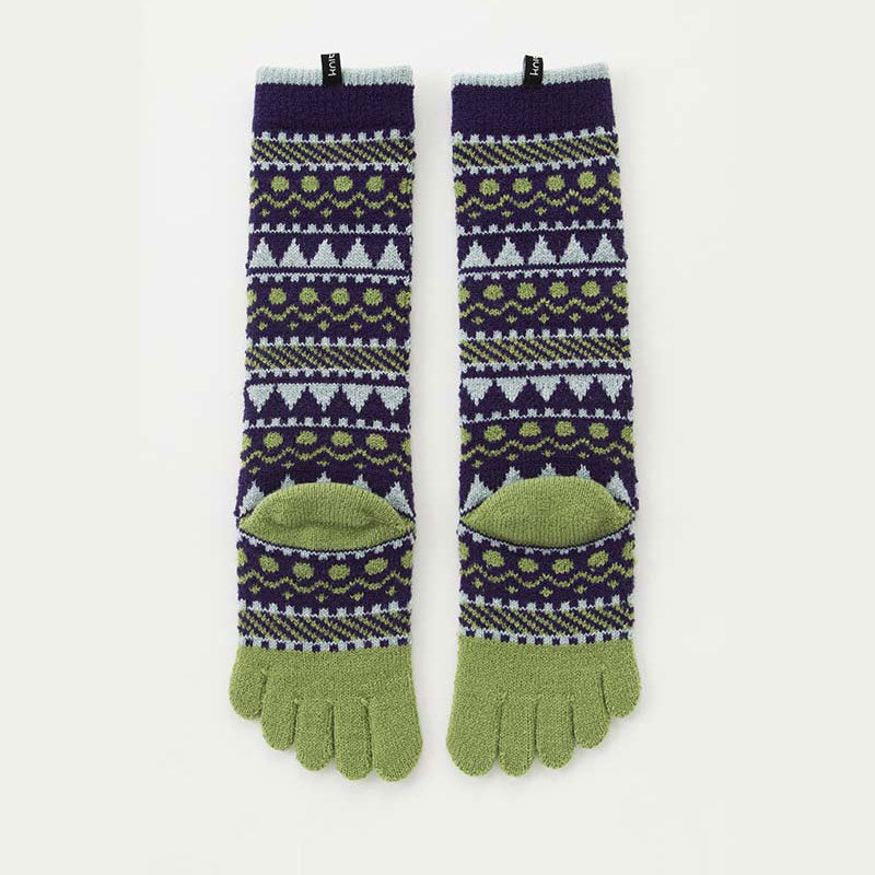 Knitido plus brand Wool Blend Forest Textile Midcalf Toe Socks in purple with gray and yellow-green point colors, laid flat and viewed from the back