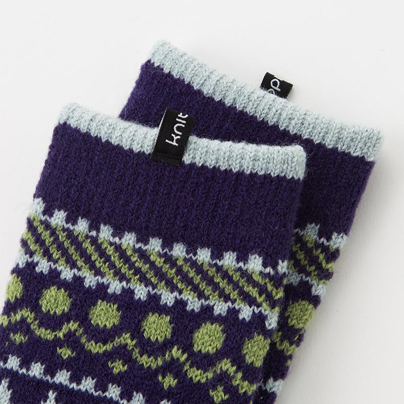 Enlarged view of the purple footwear with gray and yellow-green point colors in the Wool Blend Forest Textile Midcalf Toe Socks from the Knitido plus brand