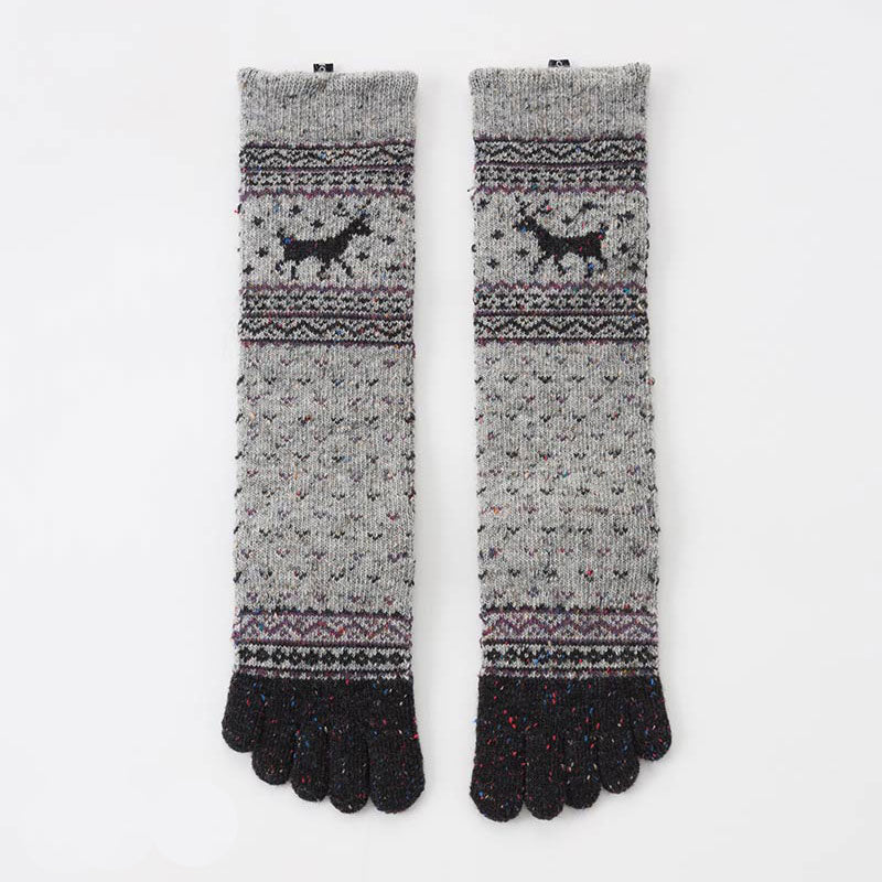 Knitido plus brand Wool Blend Nordic Confetti Midcalf Toe Socks in LIGHT GREY with black reindeer pattern